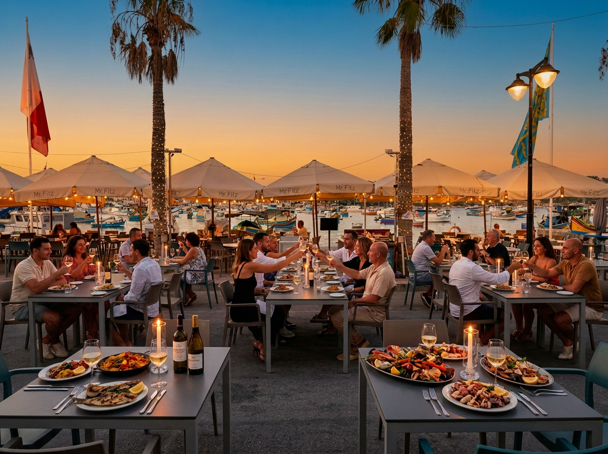 Guests dining on the Mr Fitz terrace at sunset