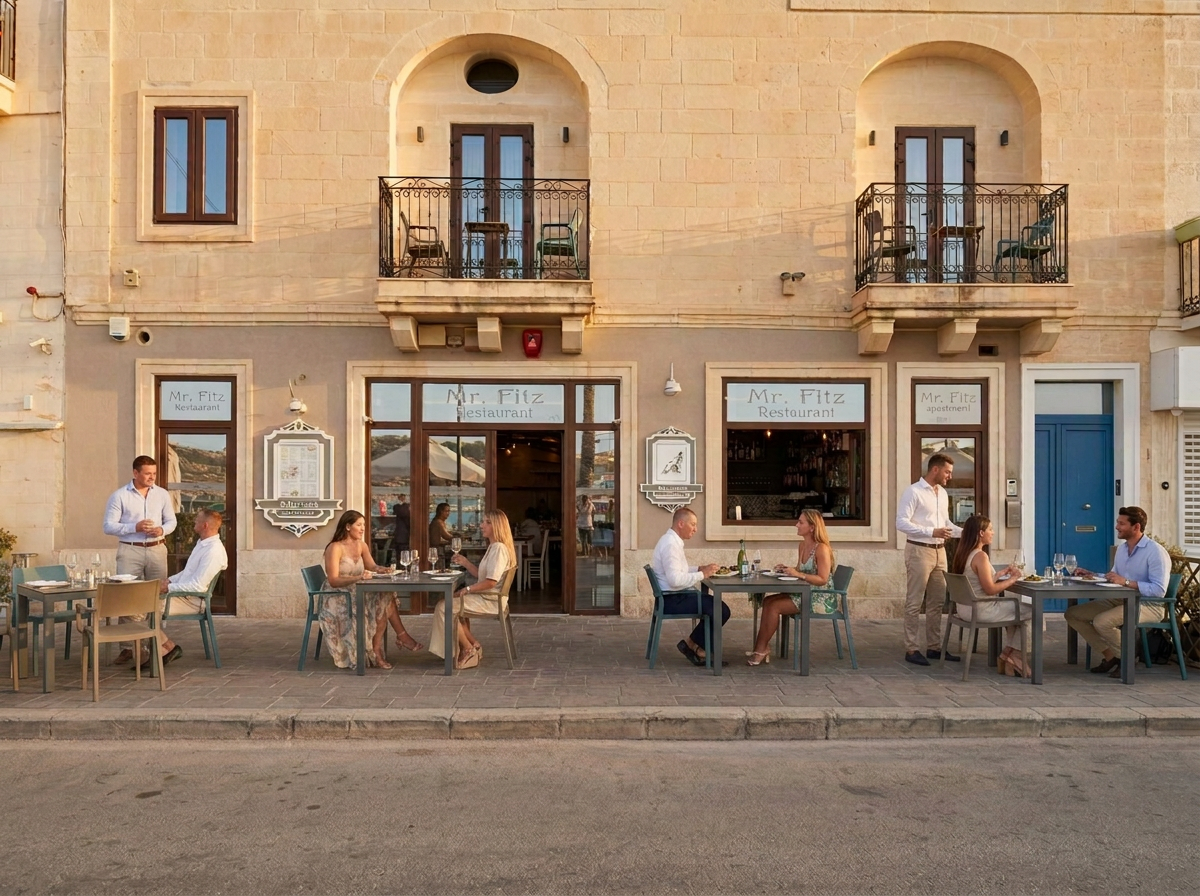 Diners eating outside the Mr Fitz restaurant in Marsaxlokk