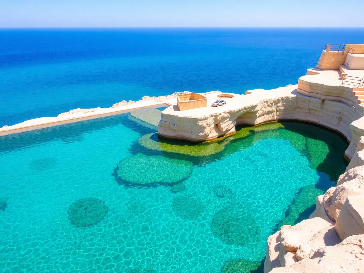 The turquoise water of St Peter's Pool between pale limestone ledges