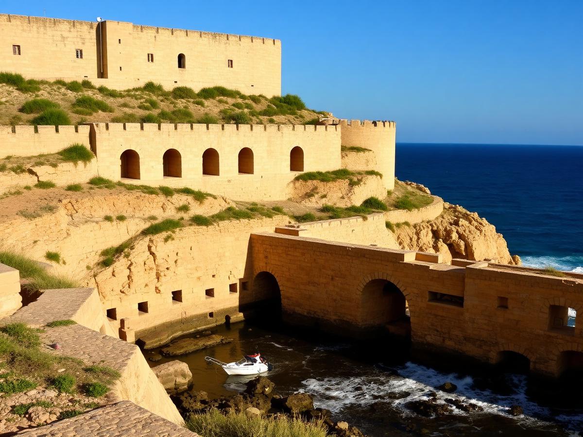 The arched limestone casemates of Fort Delimara above the shoreline