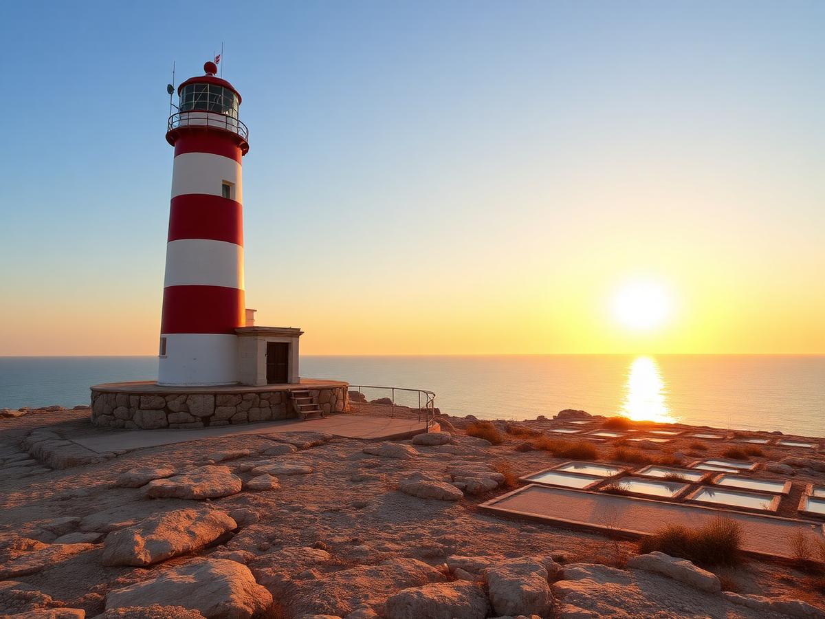 The red and white striped Delimara lighthouse at sunset