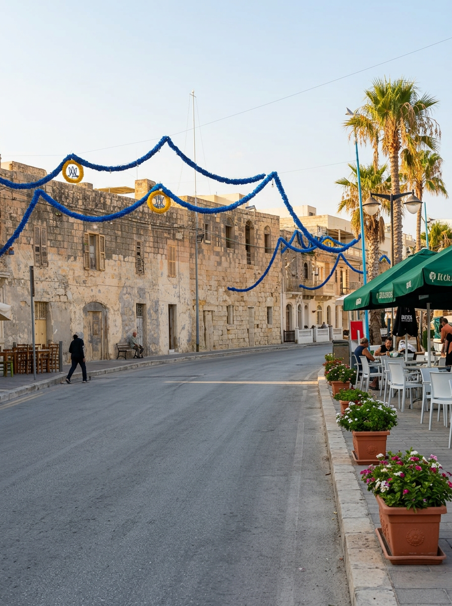 A Marsaxlokk street dressed with festa bunting