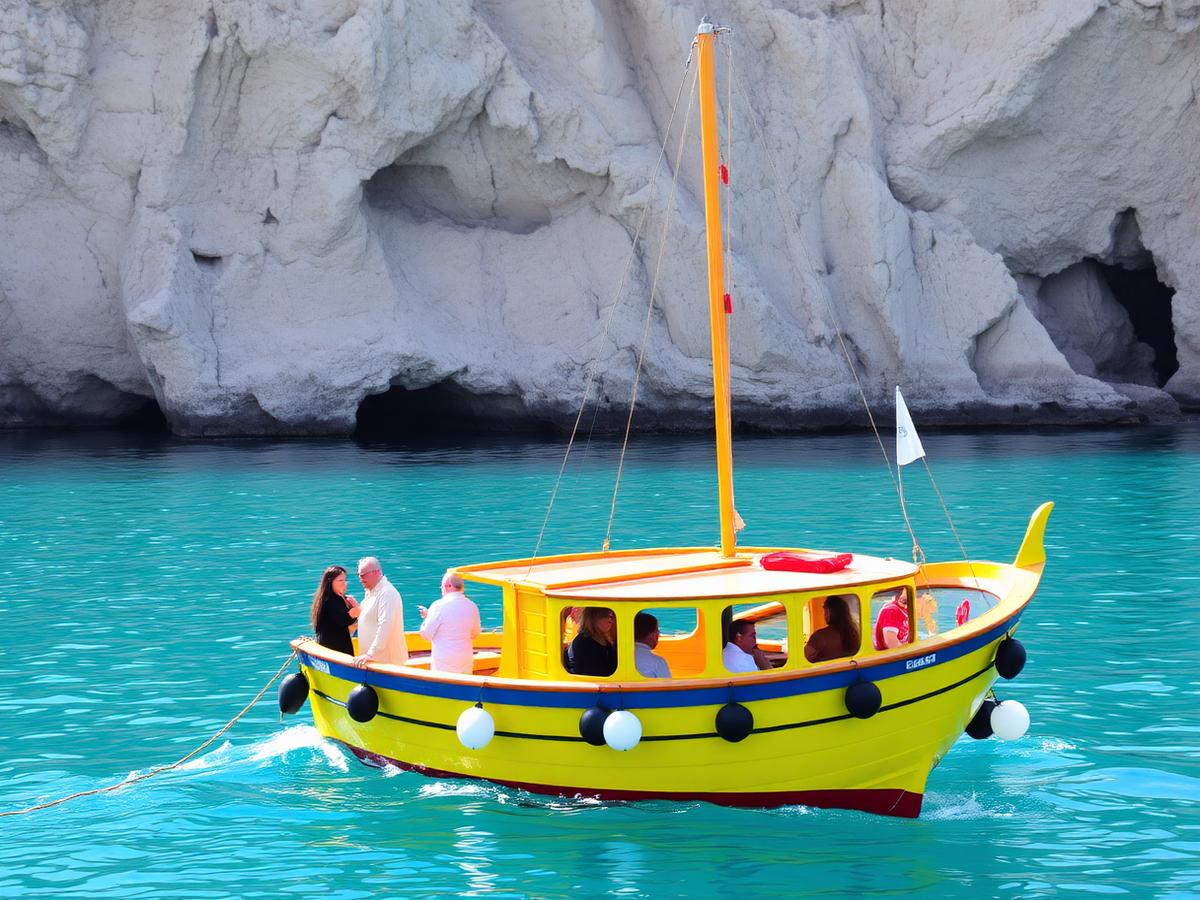 A brightly painted Maltese boat carrying visitors past the sea caves