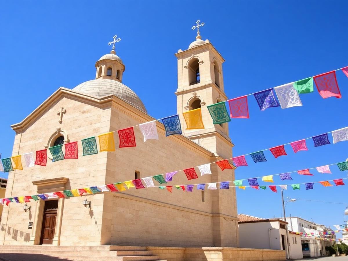The limestone parish church of Marsaxlokk with festa bunting overhead