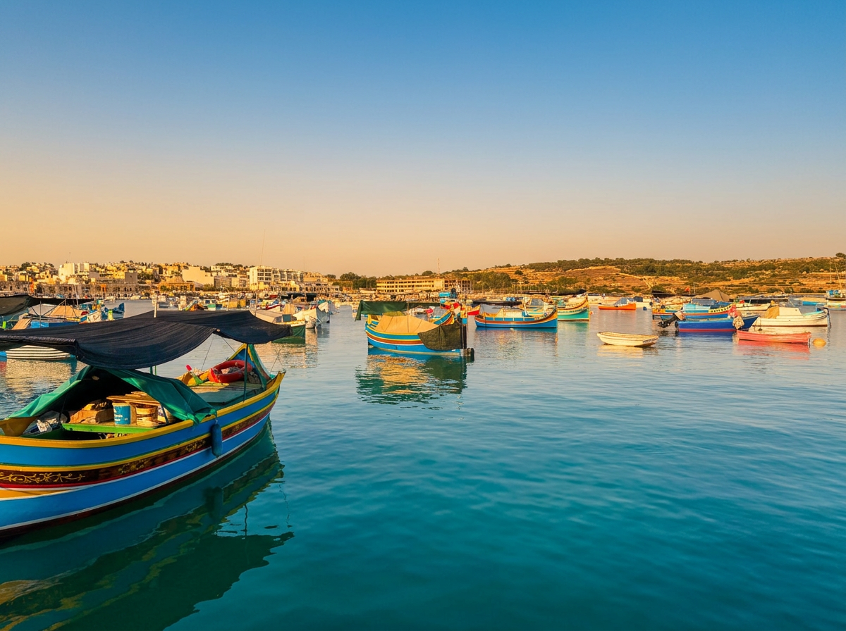 Colourful luzzu boats moored in Marsaxlokk harbour