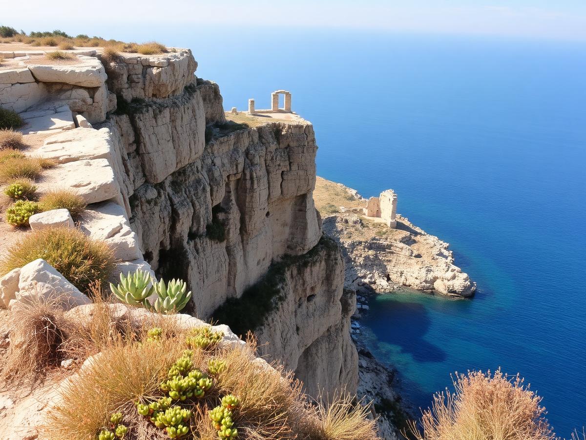Limestone cliffs and temple remains above a deep blue sea at Xrobb l-Ghagin